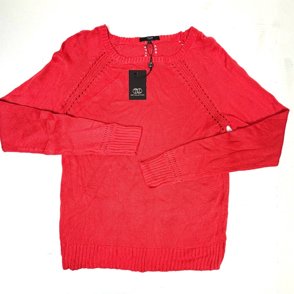 Tart Coral Sweater Crochet Knit Long Sleeve Women Small YLG Croquette Bright NWT